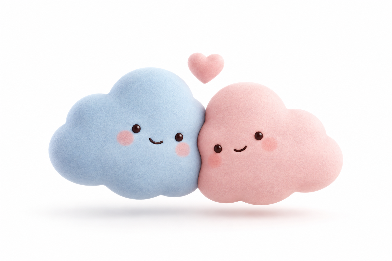 A powder blue and a blush pink cloud character, happily leaning into each other